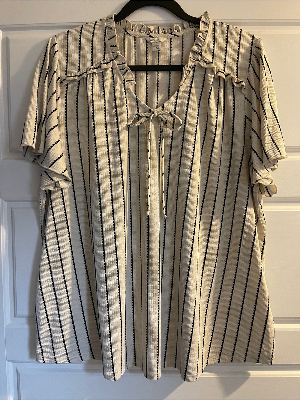 Cato Cream and Black Striped Tie-Neck Ruffle Blouse